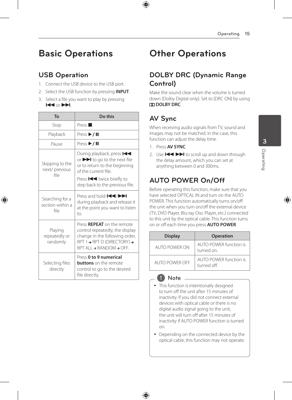 Basic operations, Other operations, Usb operation | Dolby drc (dynamic range control), Av sync, Auto power on/off | LG NB3520A User Manual | Page 15 / 25