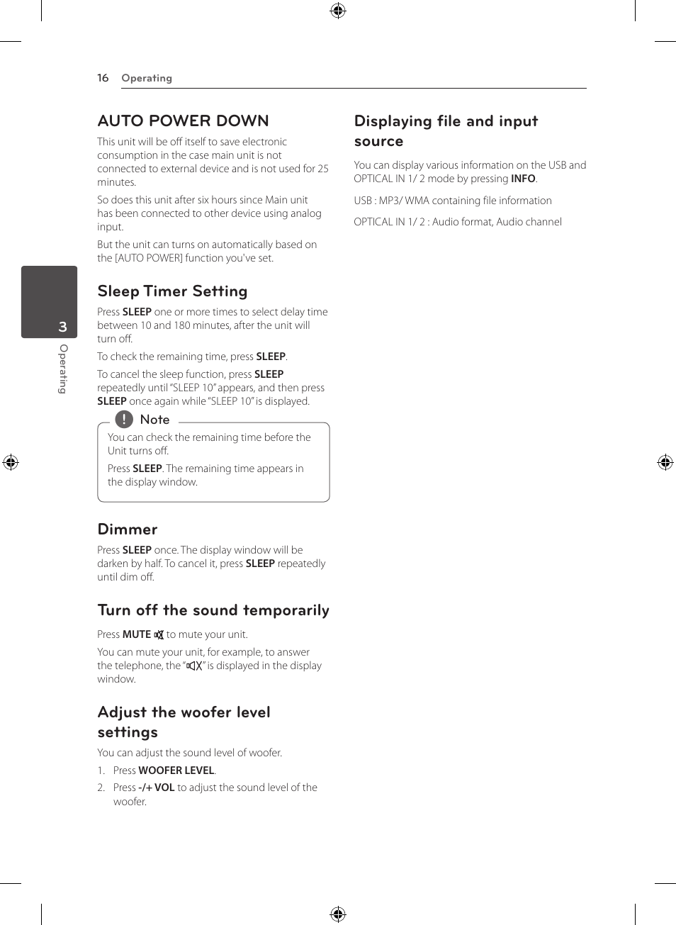 Auto power down, Sleep timer setting, Dimmer | Turn off the sound temporarily, Adjust the woofer level settings, Displaying file and input source | LG NB3520A User Manual | Page 16 / 25