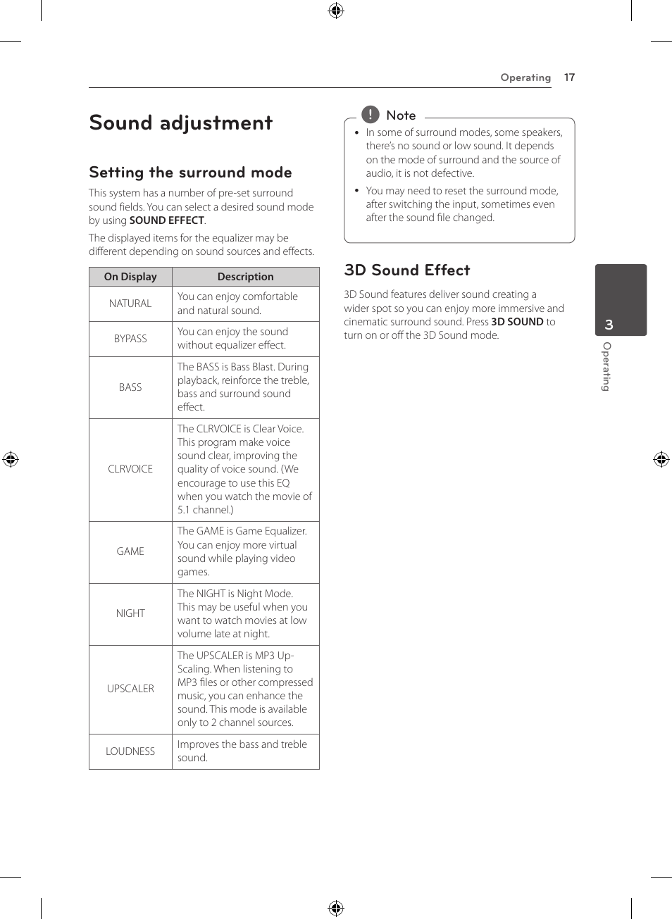 Sound adjustment, Setting the surround mode, 3d sound effect | LG NB3520A User Manual | Page 17 / 25