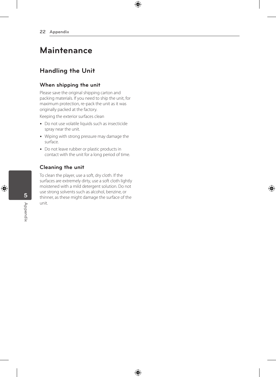 Maintenance, Handling the unit | LG NB3520A User Manual | Page 22 / 25