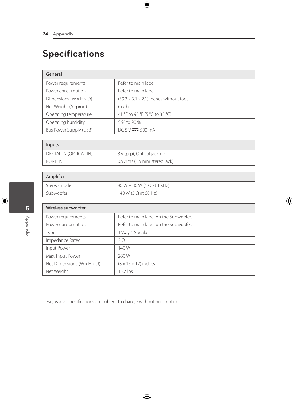 Specifications | LG NB3520A User Manual | Page 24 / 25