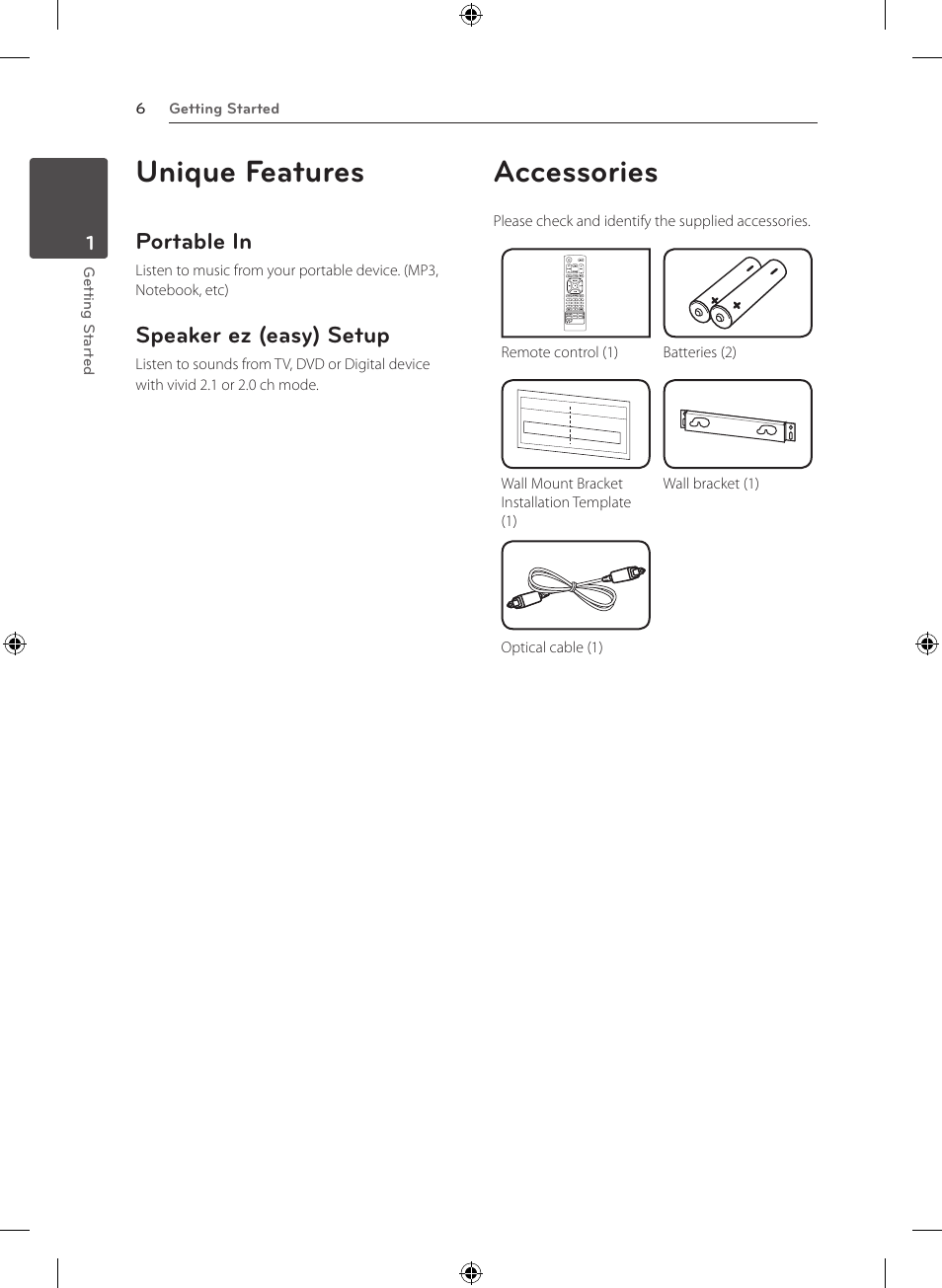 Unique features, Accessories, Portable in | Speaker ez (easy) setup | LG NB3520A User Manual | Page 6 / 25