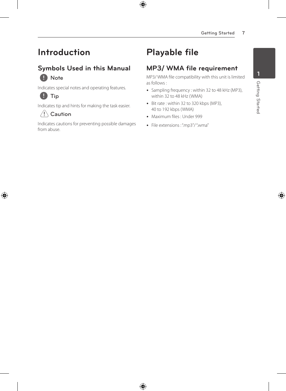 Introduction, Playable file, Symbols used in this manual | Mp3/ wma file requirement | LG NB3520A User Manual | Page 7 / 25