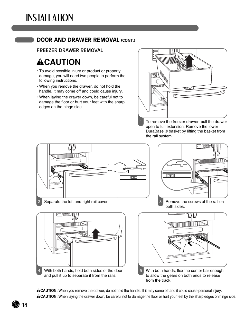 Wcaution, 14 door and drawer removal | LG LFX21980ST User Manual | Page 14 / 46
