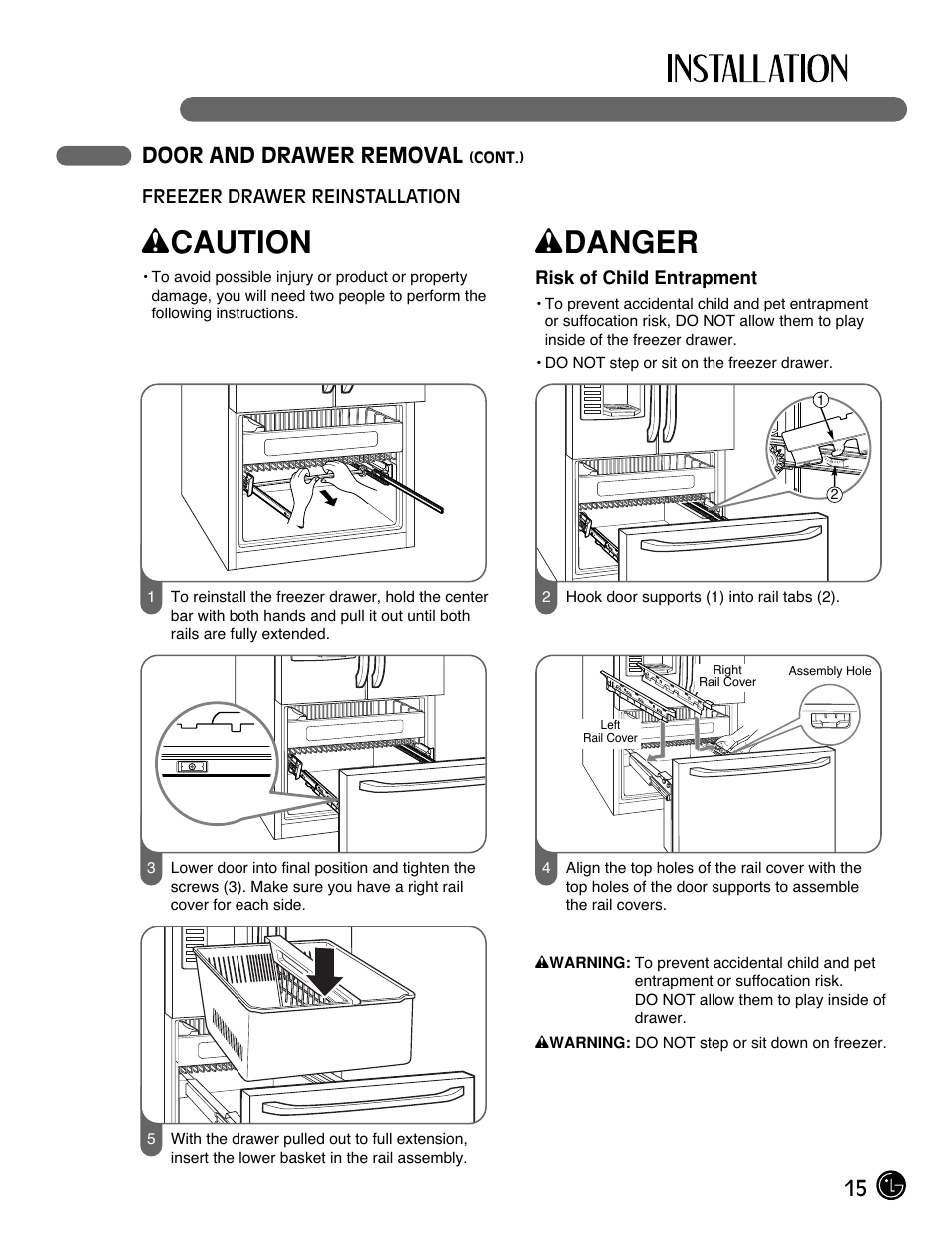 Wcaution, Wdanger, 15 door and drawer removal | LG LFX21980ST User Manual | Page 15 / 46