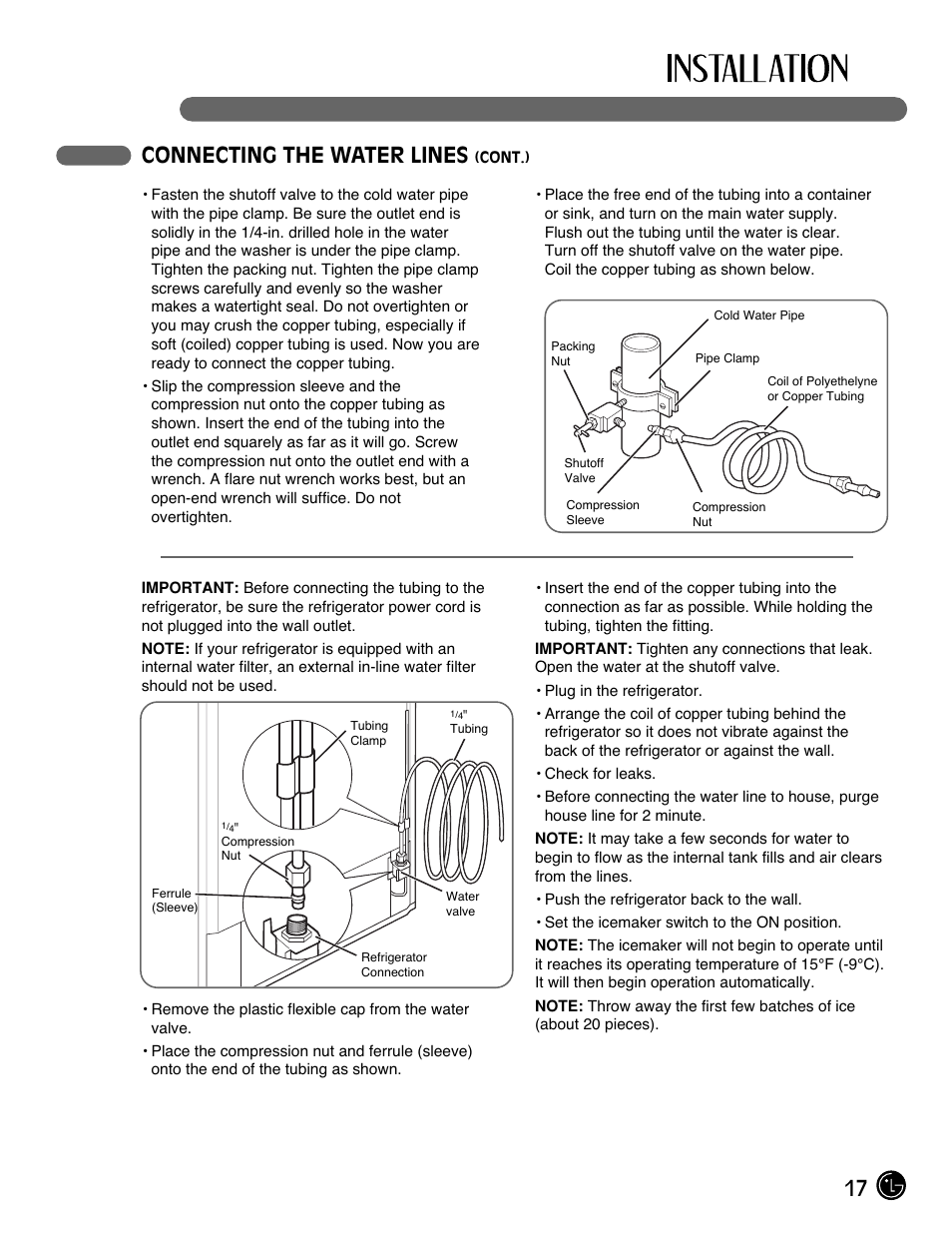 17 connecting the water lines | LG LFX21980ST User Manual | Page 17 / 46