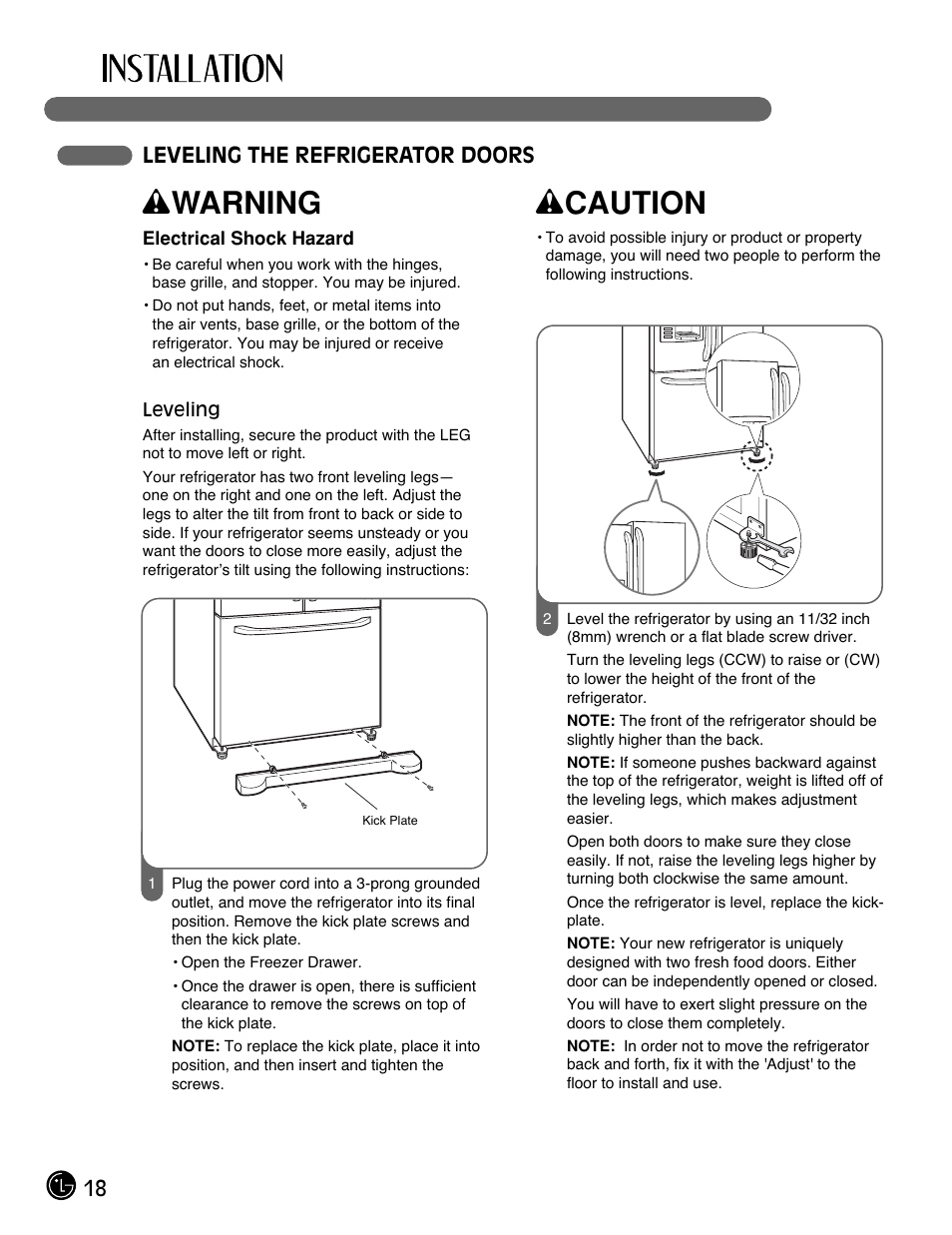 Wwarning, Wcaution, 18 leveling the refrigerator doors | LG LFX21980ST User Manual | Page 18 / 46