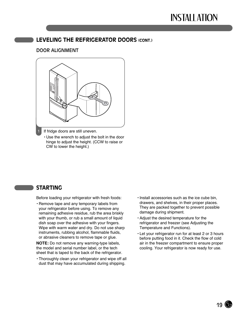19 leveling the refrigerator doors, Starting | LG LFX21980ST User Manual | Page 19 / 46