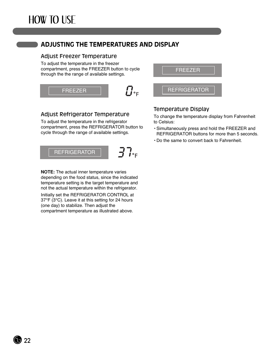 22 adjusting the temperatures and display | LG LFX21980ST User Manual | Page 22 / 46
