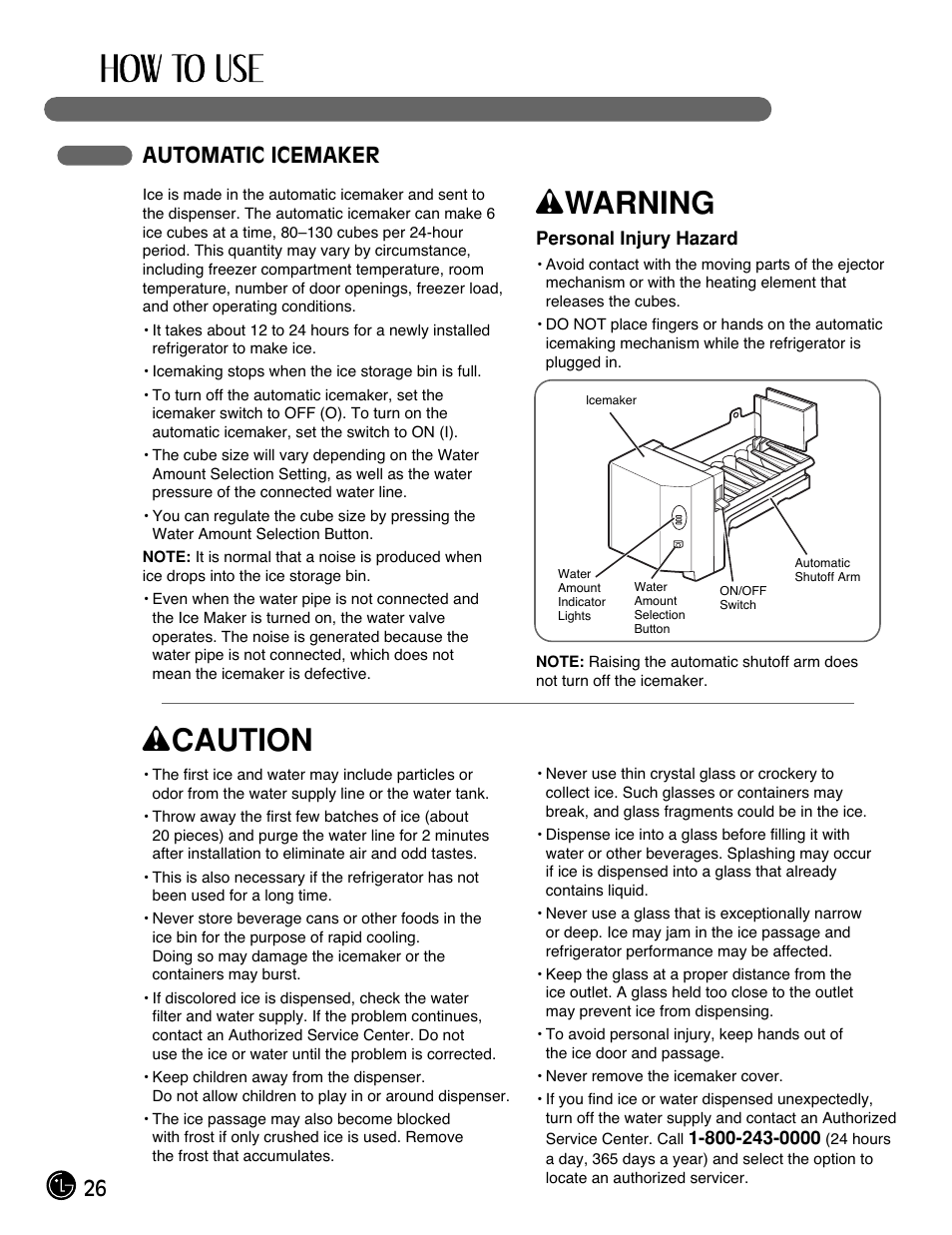 Wwarning, Wcaution, 26 automatic icemaker | LG LFX21980ST User Manual | Page 26 / 46