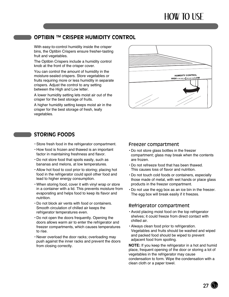 27 optibin ™ crisper humidity control, Storing foods | LG LFX21980ST User Manual | Page 27 / 46