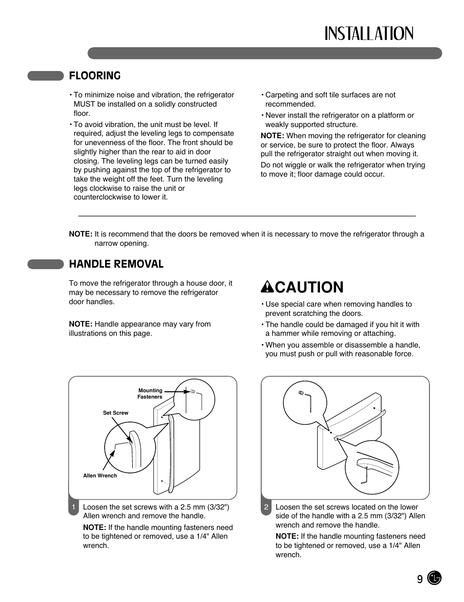 Wcaution, 9flooring, Handle removal | LG LFX21980ST User Manual | Page 9 / 46