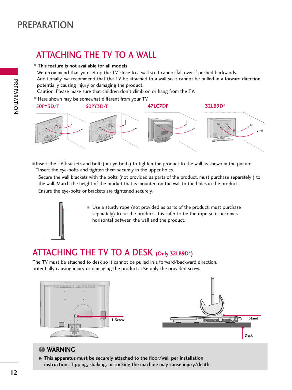 Attaching the tv to a wall, Attaching the tv to a desk (only 32lb9d*), Preparation | Attaching the tv to a desk, Warning | LG 32LB9D User Manual | Page 14 / 113