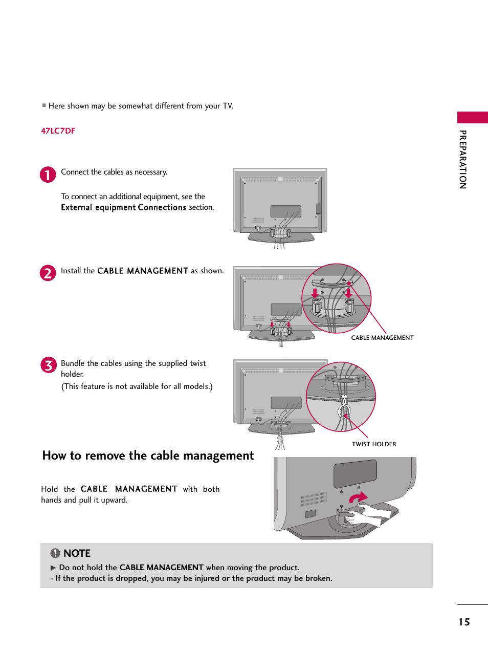 47lc7df, How to remove the cable management | LG 32LB9D User Manual | Page 17 / 113