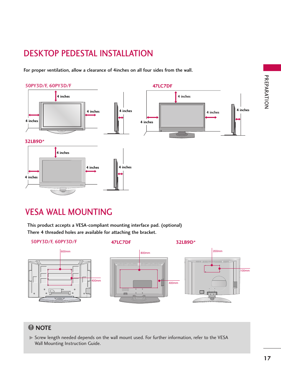 Desktop pedestal installation, Vesa wall mounting, Prep ar a tion | 47lc7df, 32lb9d | LG 32LB9D User Manual | Page 19 / 113