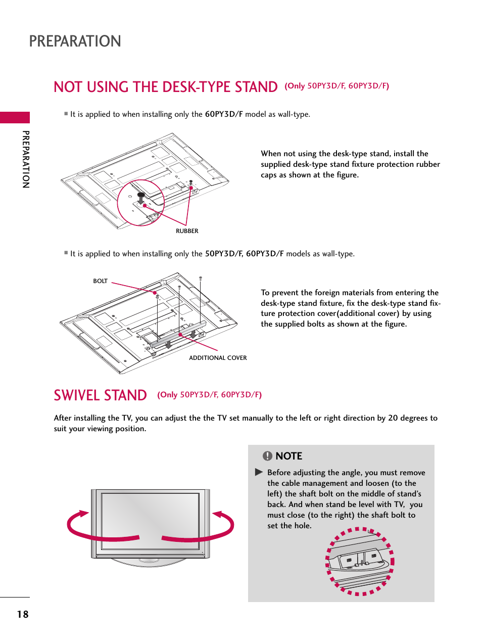 Swivel stand (only 50py3d/f, 60py3d/f), Preparation, Swivel stand | Not using the desk-type stand | LG 32LB9D User Manual | Page 20 / 113