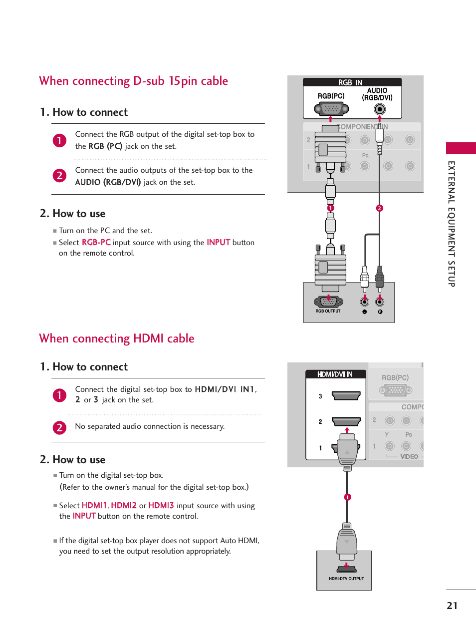 When connecting d-sub 15pin cable, When connecting hdmi cable, How to connect 2. how to use | LG 32LB9D User Manual | Page 23 / 113