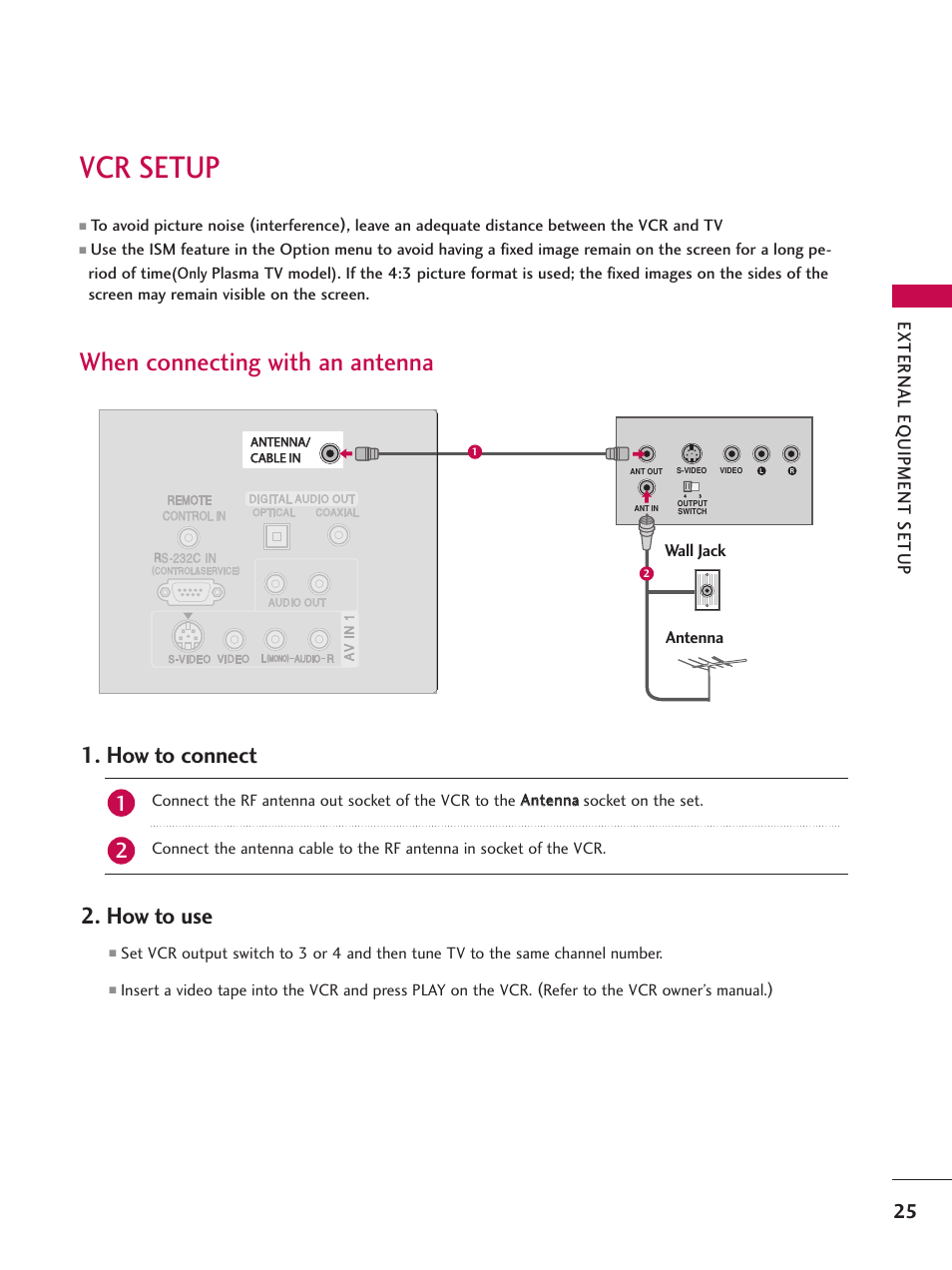Vcr setup, When connecting with an antenna, How to connect | How to use, External eq uipment setup | LG 32LB9D User Manual | Page 27 / 113
