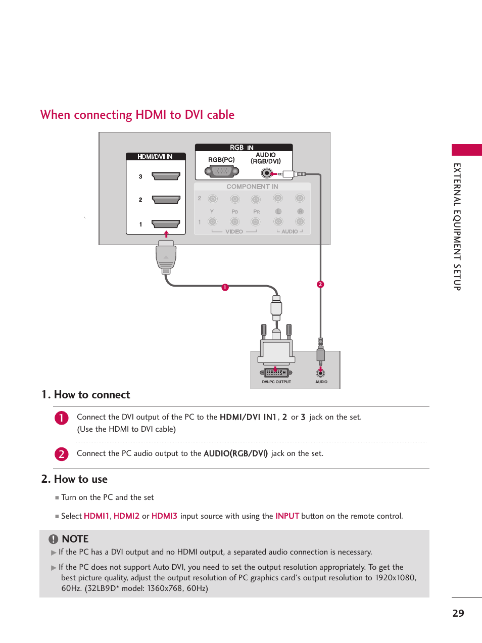 When connecting hdmi to dvi cable, How to connect, How to use | LG 32LB9D User Manual | Page 31 / 113