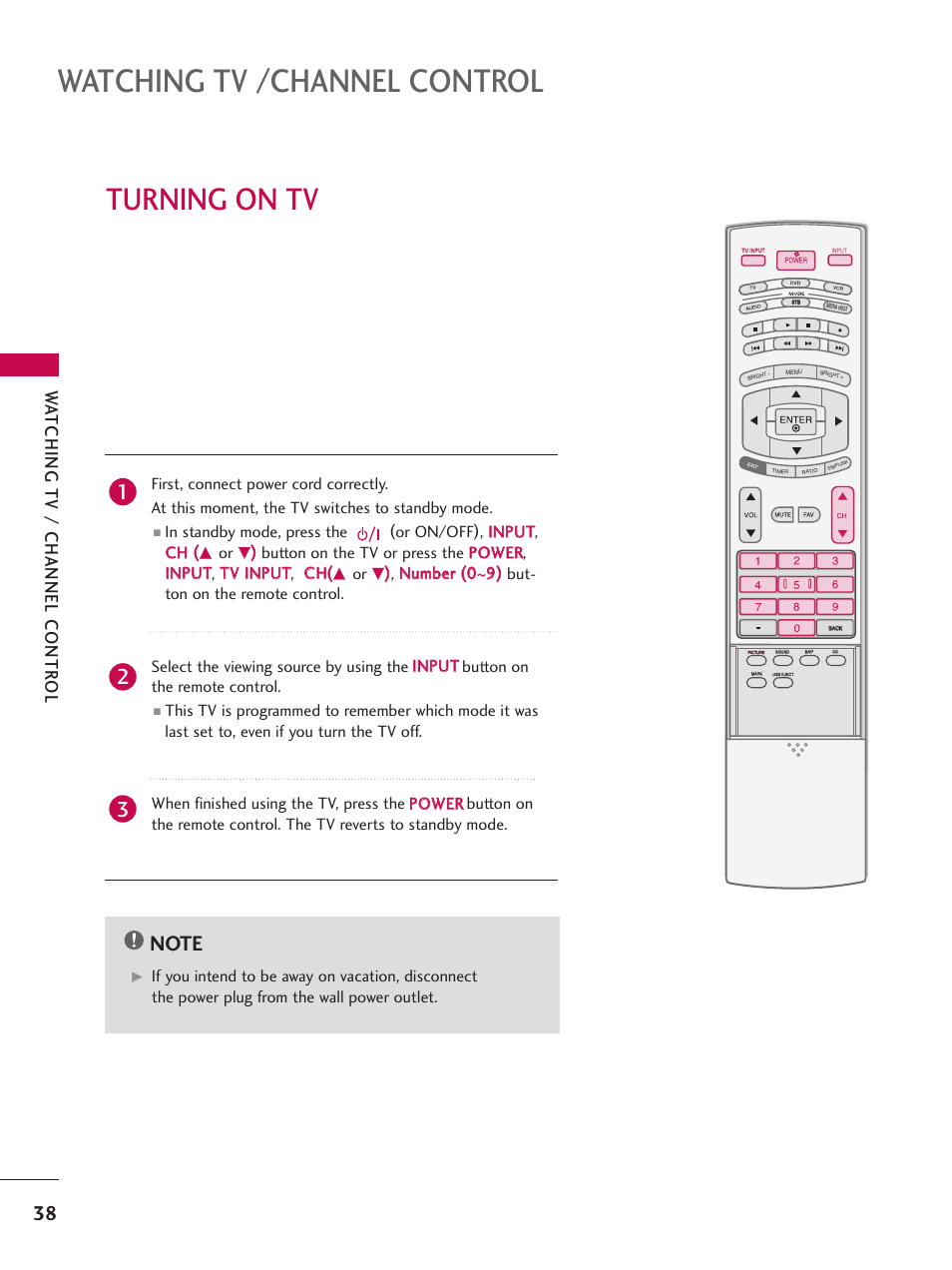 Turning on tv, Watching tv /channel control, Wa tching tv / channel contr ol | LG 32LB9D User Manual | Page 40 / 113