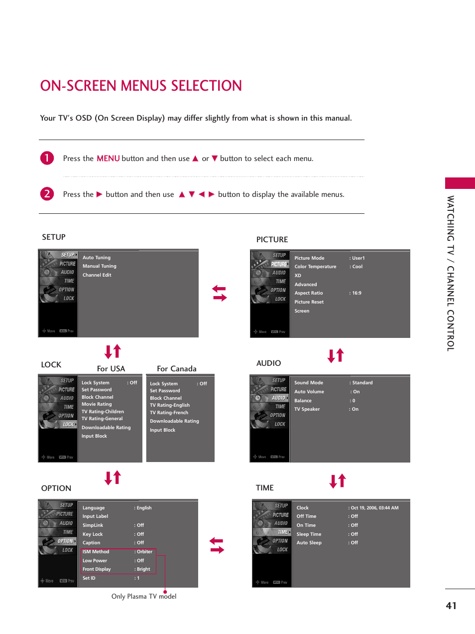 On-screen menus selection, Wa tching tv / channel contr ol, Press the m me en nu u button and then use | Button to select each menu. press the, Button and then use, Audio, Option lock, For usa for canada | LG 32LB9D User Manual | Page 43 / 113