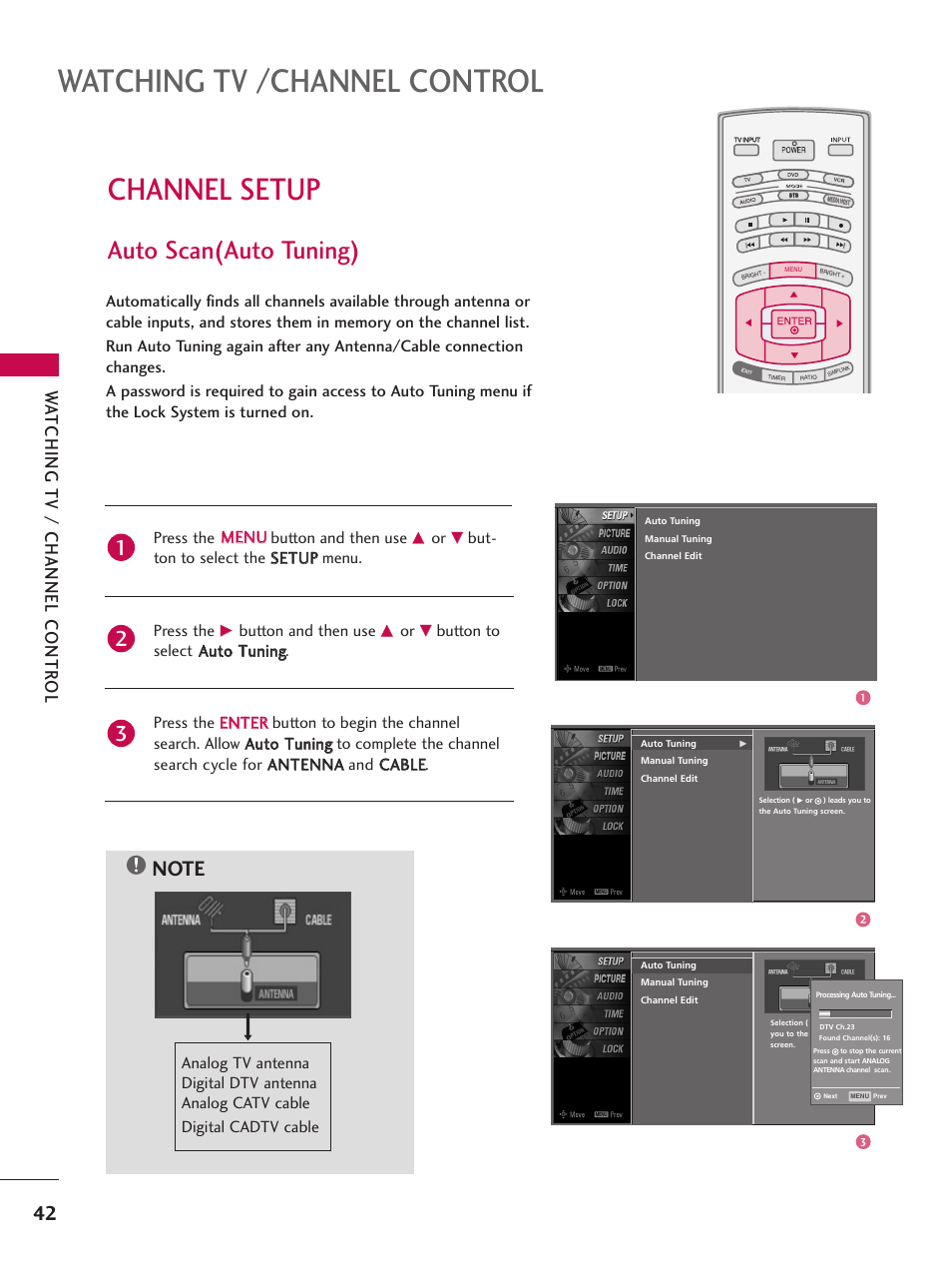 Channel setup, Auto scan(auto tuning), Watching tv /channel control | Wa tching tv / channel contr ol, Press the m me en nu u button and then use, Button and then use | LG 32LB9D User Manual | Page 44 / 113