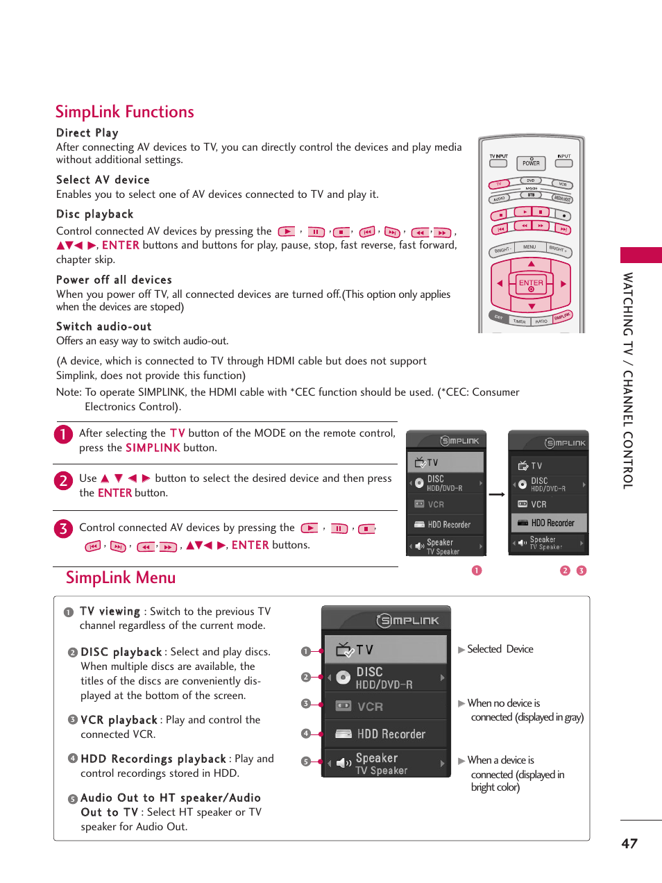 Simplink functions, Simplink menu, Wa tching tv / channel contr ol | LG 32LB9D User Manual | Page 49 / 113