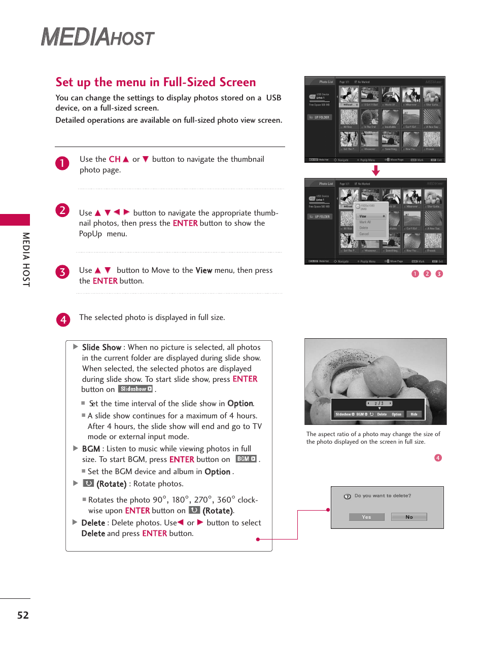 Media, Host, Set up the menu in full-sized screen | LG 32LB9D User Manual | Page 54 / 113