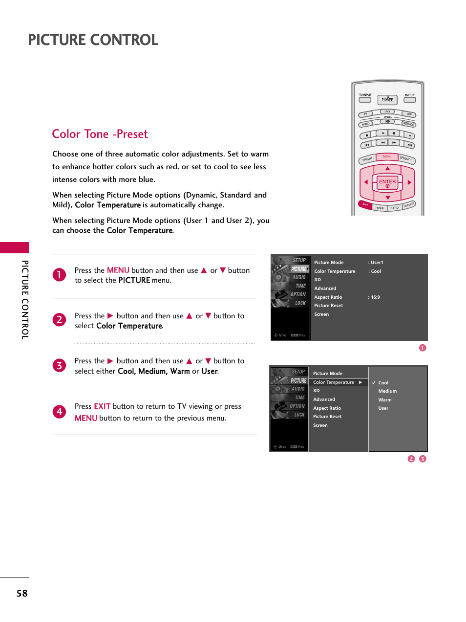 Color tone -preset, Picture control, Picture contr ol | Button and then use | LG 32LB9D User Manual | Page 60 / 113