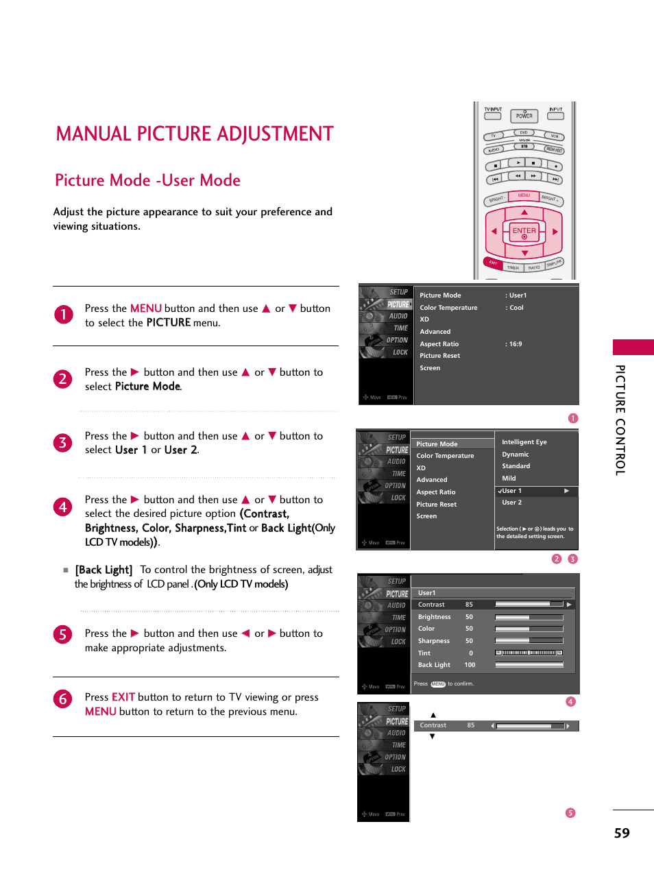 Manual picture adjustment, Picture mode -user mode, Picture contr ol | Press the m me en nu u button and then use, Button and then use | LG 32LB9D User Manual | Page 61 / 113