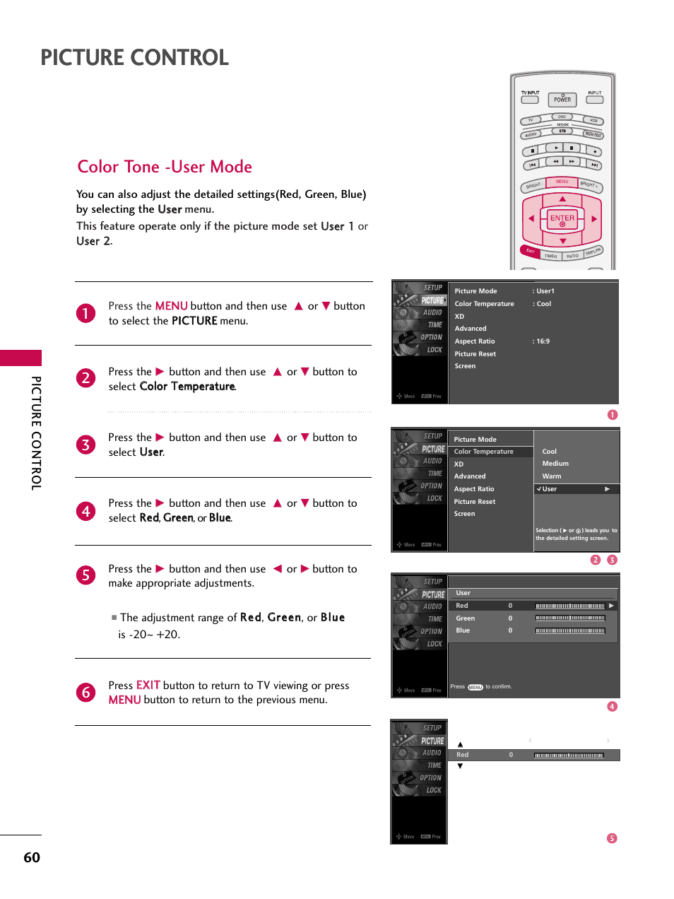 Color tone -user mode, Picture control, Picture contr ol | Button and then use, Button to select u usseerr. press the, Button to make appropriate adjustments | LG 32LB9D User Manual | Page 62 / 113