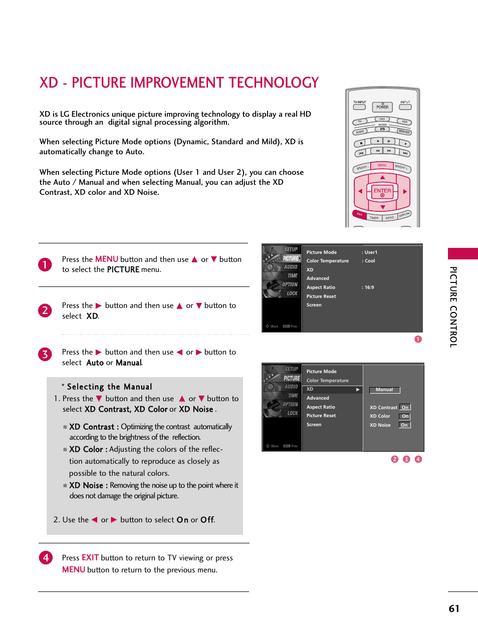 Xd - picture improvement technology, Picture contr ol, Press the m me en nu u button and then use | Button and then use, Button to select x xd d. press the | LG 32LB9D User Manual | Page 63 / 113