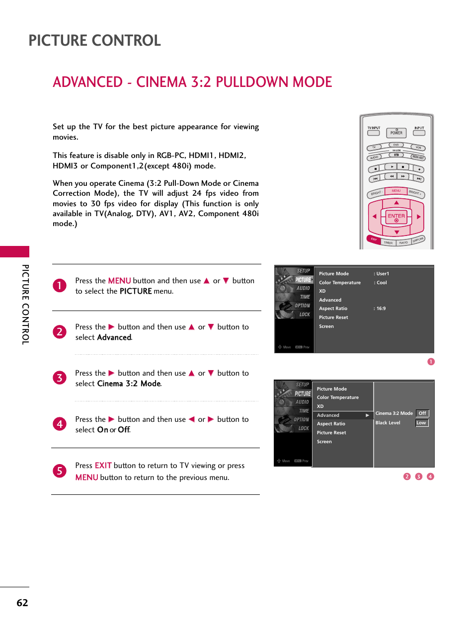 Advanced -cinema 3:2 pulldown mode, Picture control, Advanced - cinema 3:2 pulldown mode | Picture contr ol, Press the m me en nu u button and then use, Button and then use, Button to select a ad dvvaan ncceed d. press the | LG 32LB9D User Manual | Page 64 / 113