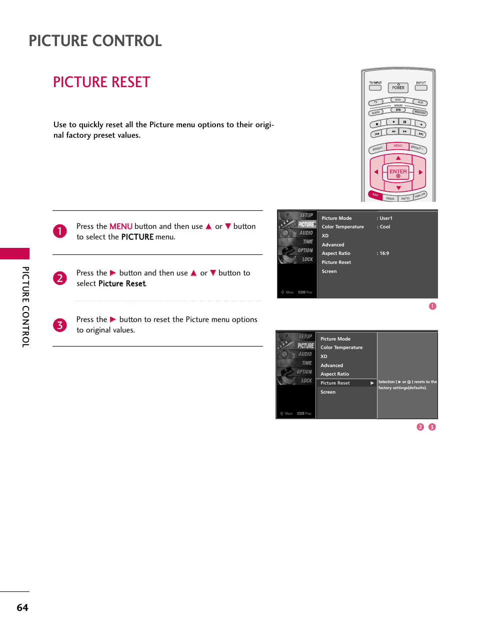 Picture reset, Picture control, Picture contr ol | Press the m me en nu u button and then use, Button and then use | LG 32LB9D User Manual | Page 66 / 113