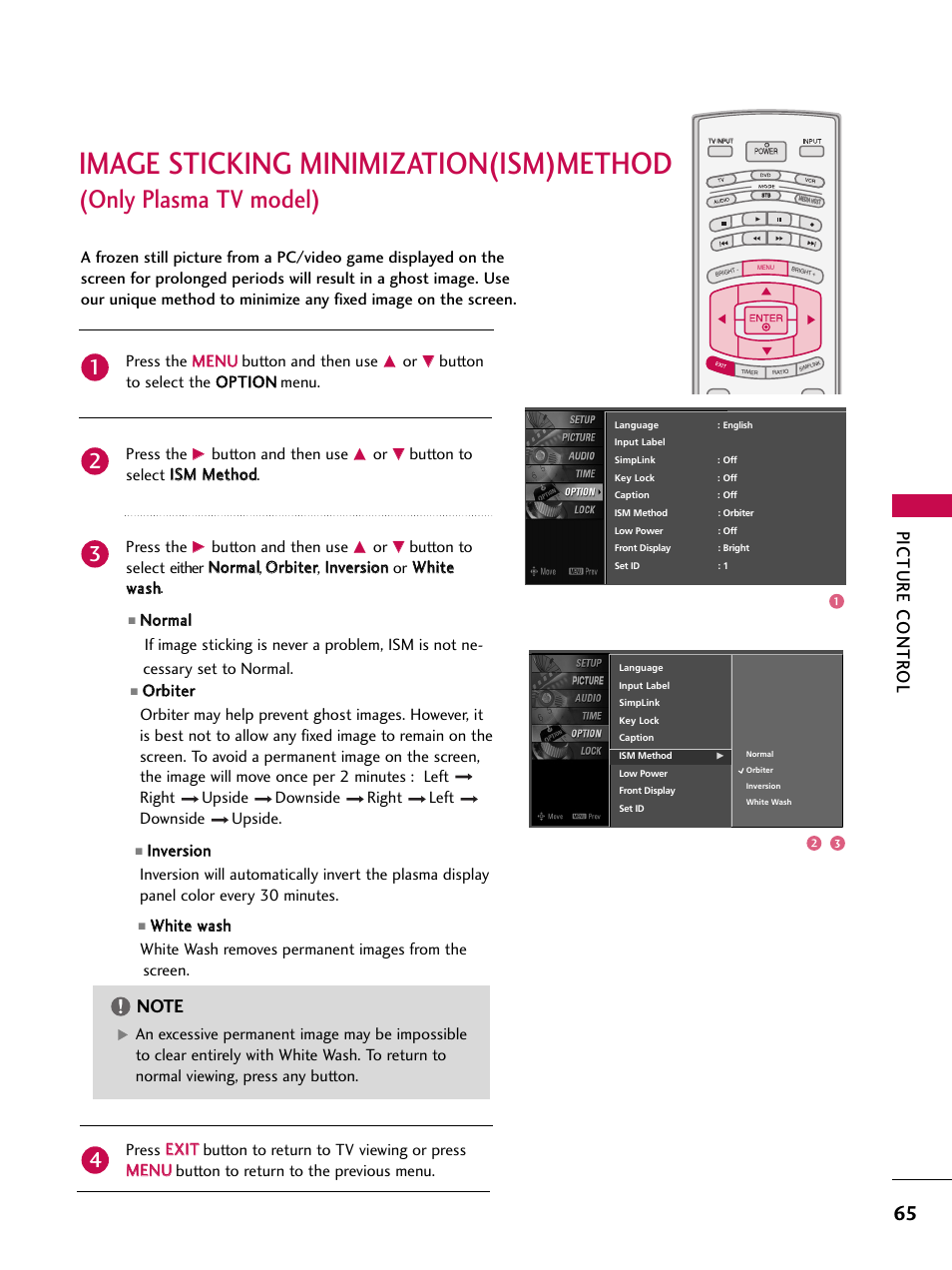 Image sticking minimization(ism)method, Only plasma tv model), Picture contr ol | Press the m me en nu u button and then use, Button and then use | LG 32LB9D User Manual | Page 67 / 113