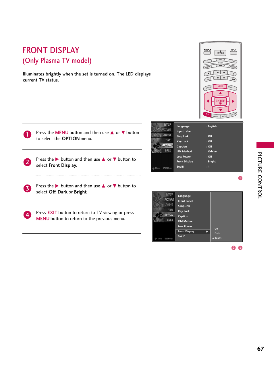 Front display(only plasma tv model), Front display, Only plasma tv model) | Picture contr ol, Button and then use | LG 32LB9D User Manual | Page 69 / 113