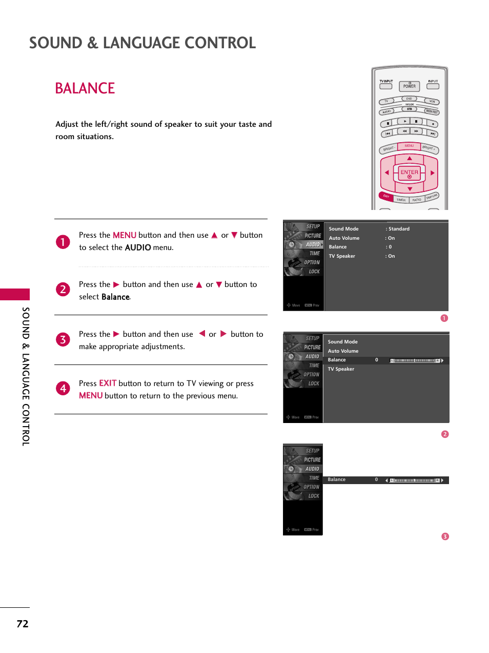 Balance, Sound & language control, Sound & langu a ge contr ol | Button and then use, Button to select b baallaan nccee. press the | LG 32LB9D User Manual | Page 74 / 113