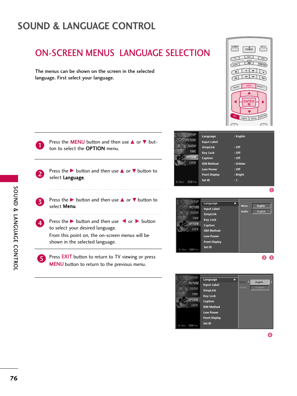 On-screen menus language selection, Sound & language control, Sound & langu a ge contr ol | Press the m me en nu u button and then use, Button and then use, Button to select llaan ng gu uaag gee. press the, Button to select m meen nu u. press the | LG 32LB9D User Manual | Page 78 / 113