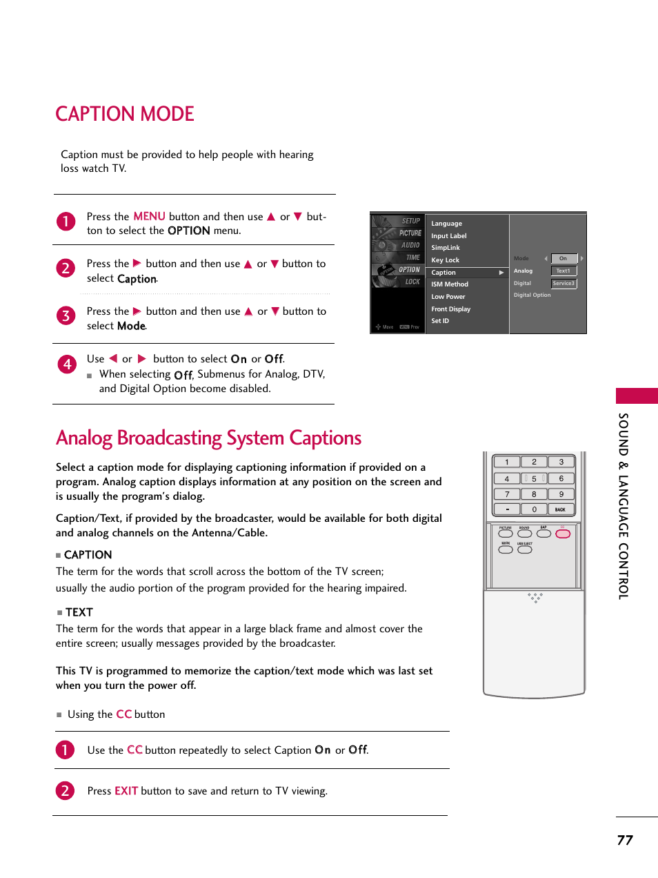 Caption mode, Analog broadcasting system captions, Sound & langu a ge contr ol | Using the c cc c button, Button and then use, Button to select c caap pttiio on n. press the | LG 32LB9D User Manual | Page 79 / 113
