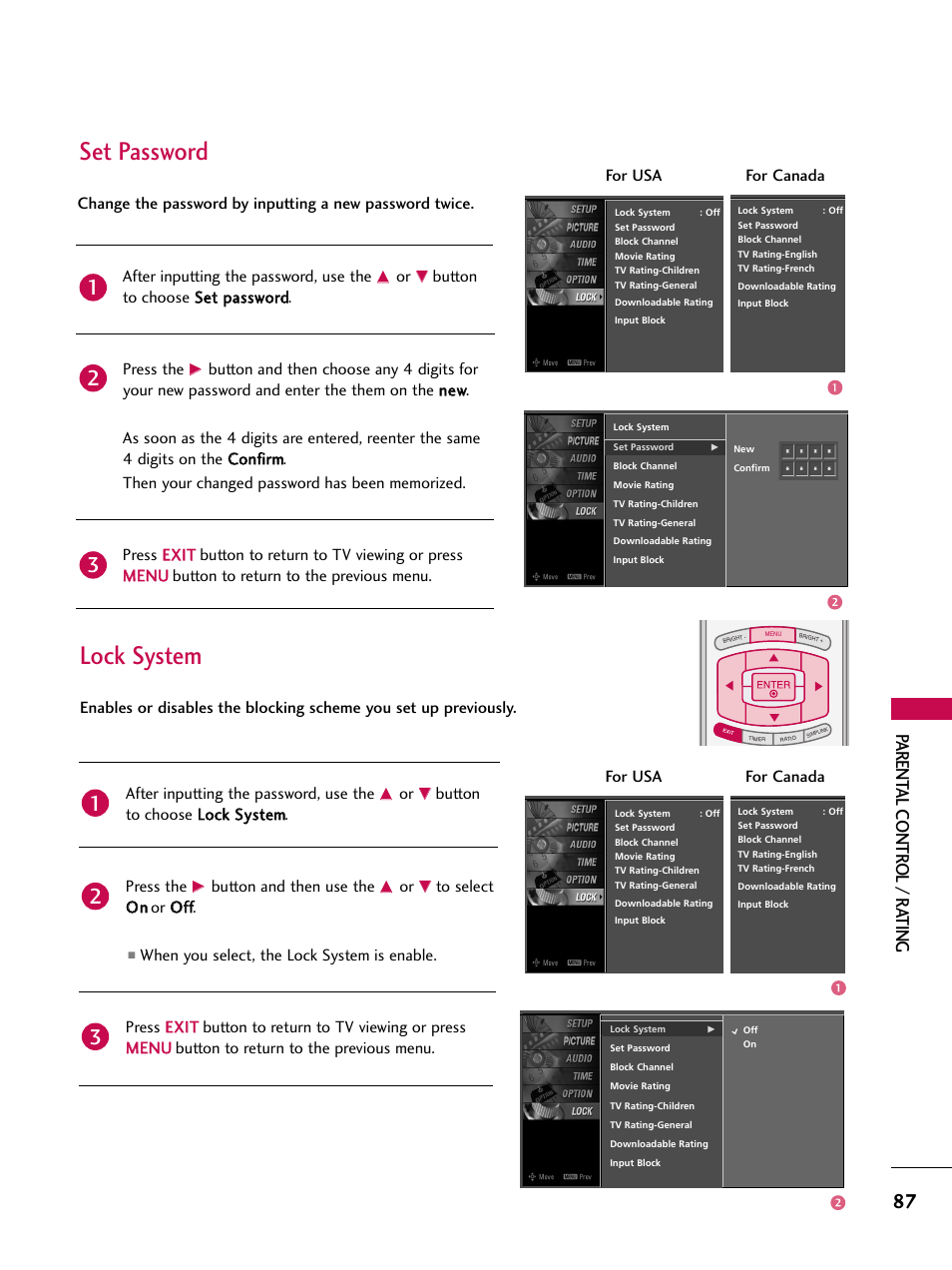 Set password, Lock system, Parent al contr ol / r ating | After inputting the password, use the, Button and then use the, For usa for canada | LG 32LB9D User Manual | Page 89 / 113