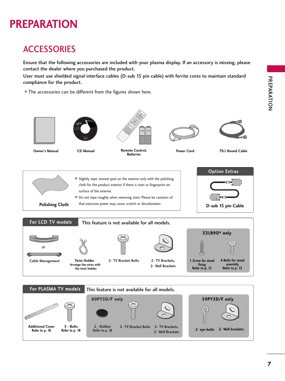Preparation, Accessories, Prep ar a tion | LG 32LB9D User Manual | Page 9 / 113
