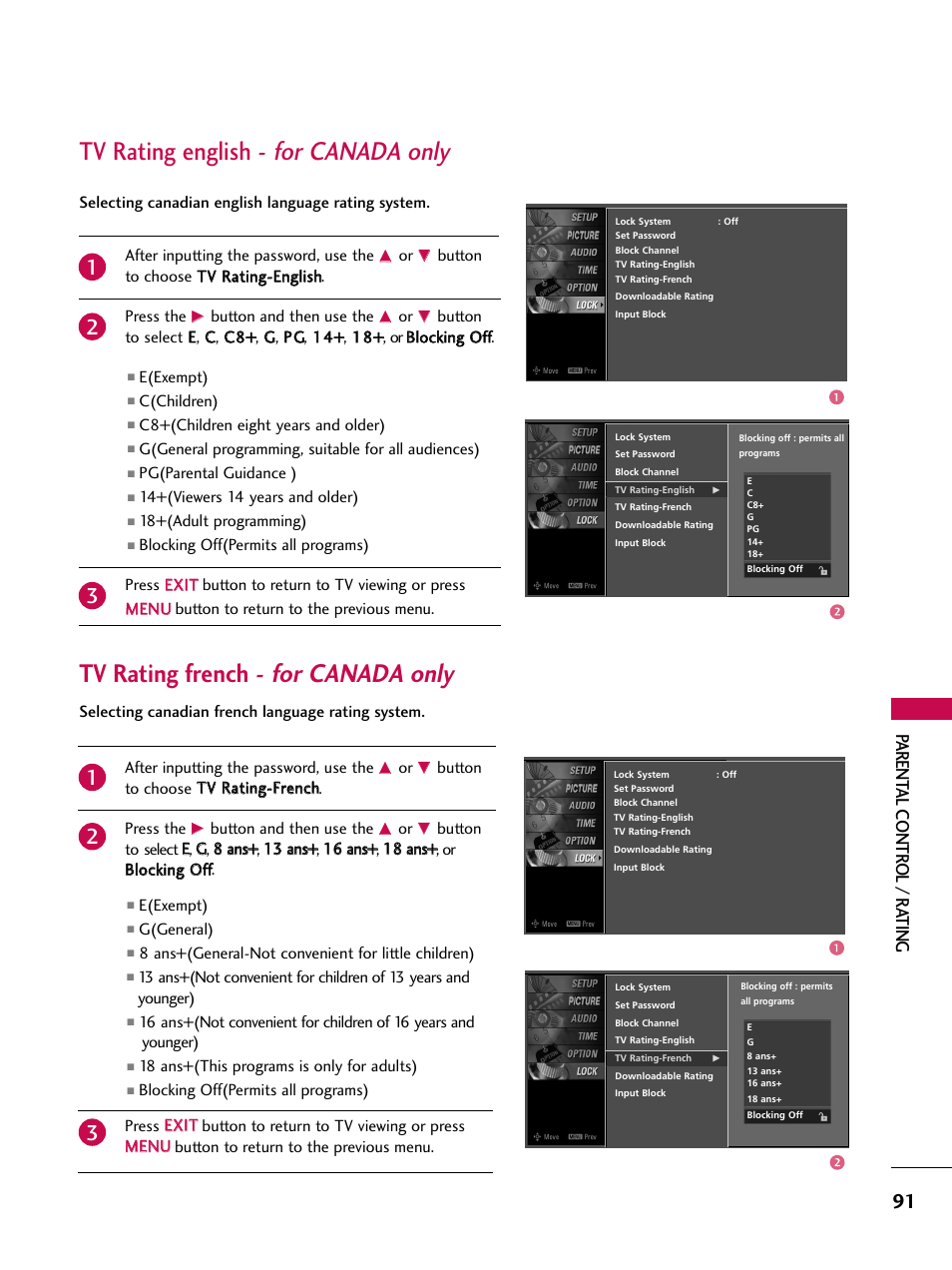 Tv rating english - for canada only, Tv rating french - for canada only, Parent al contr ol / r ating | LG 32LB9D User Manual | Page 93 / 113