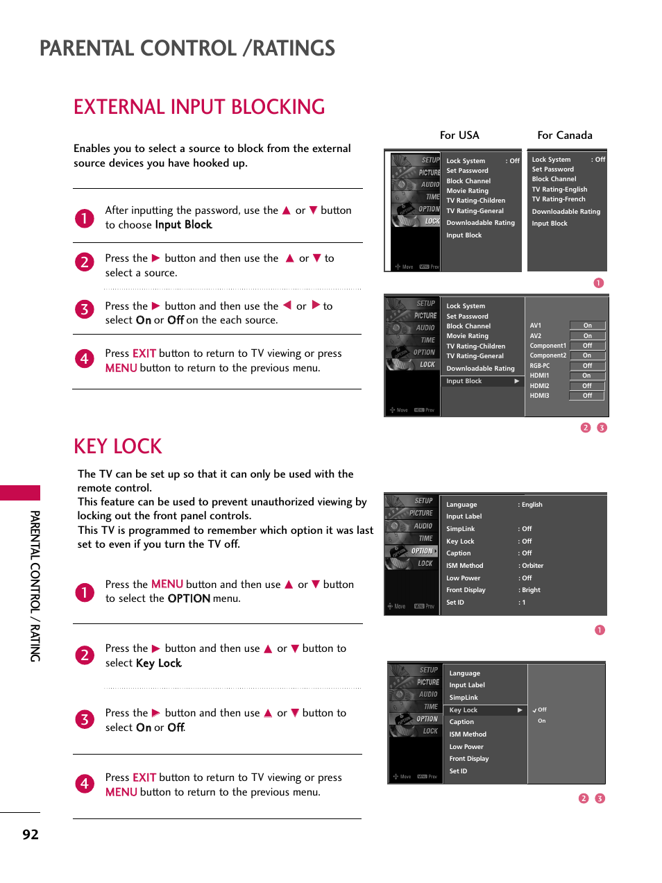 External input blocking, Key lock, Parental control /ratings | Parent al contr ol / r ating | LG 32LB9D User Manual | Page 94 / 113