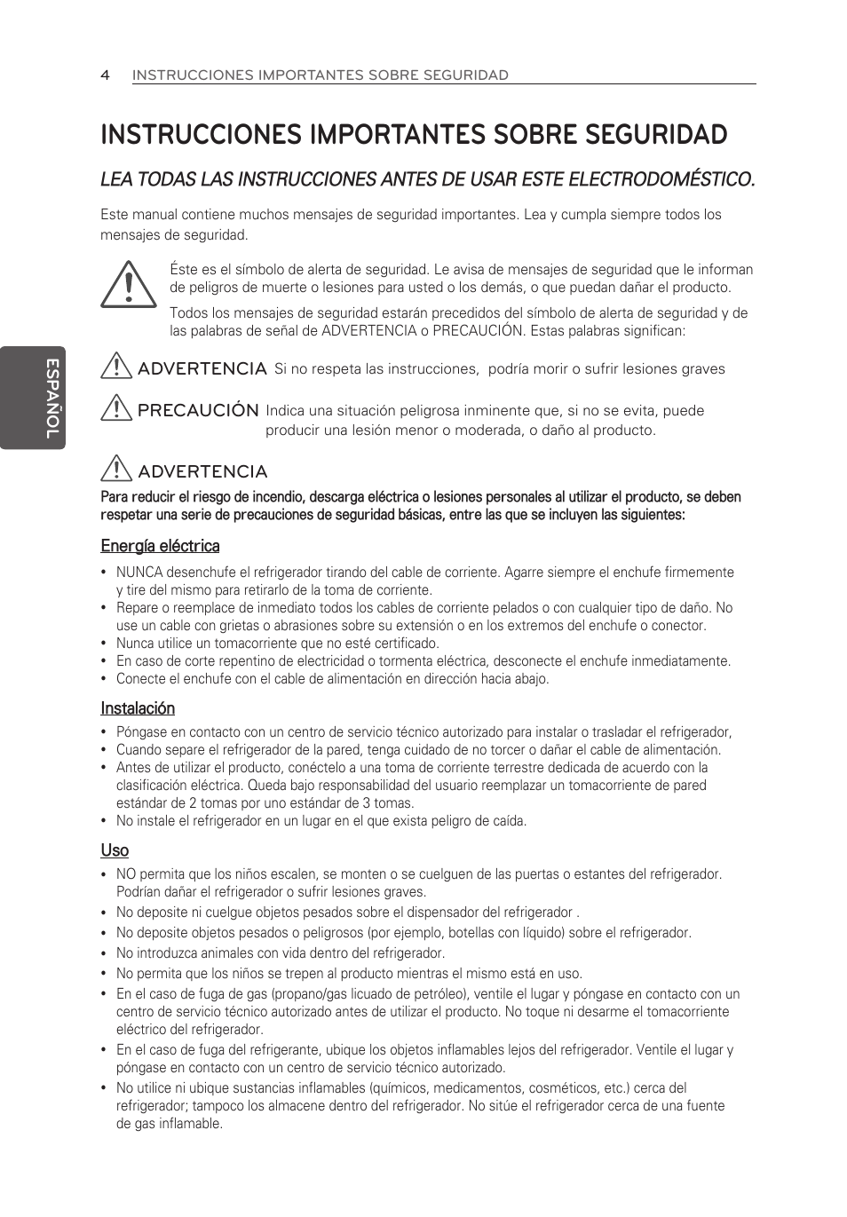 Instrucciones importantes sobre seguridad, Advertencia, Precaución | LG LFX25973ST User Manual | Page 116 / 172