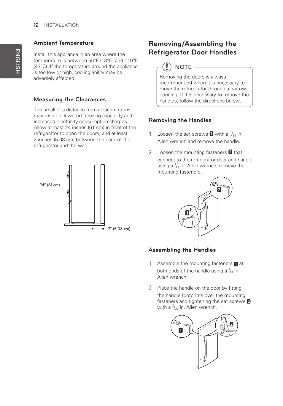 Removing/assembling the refrigerator door handles, Ambient temperature, Measuring the clearances | Removing the handles 1, Assembling the handles 1 | LG LFX25973ST User Manual | Page 12 / 172