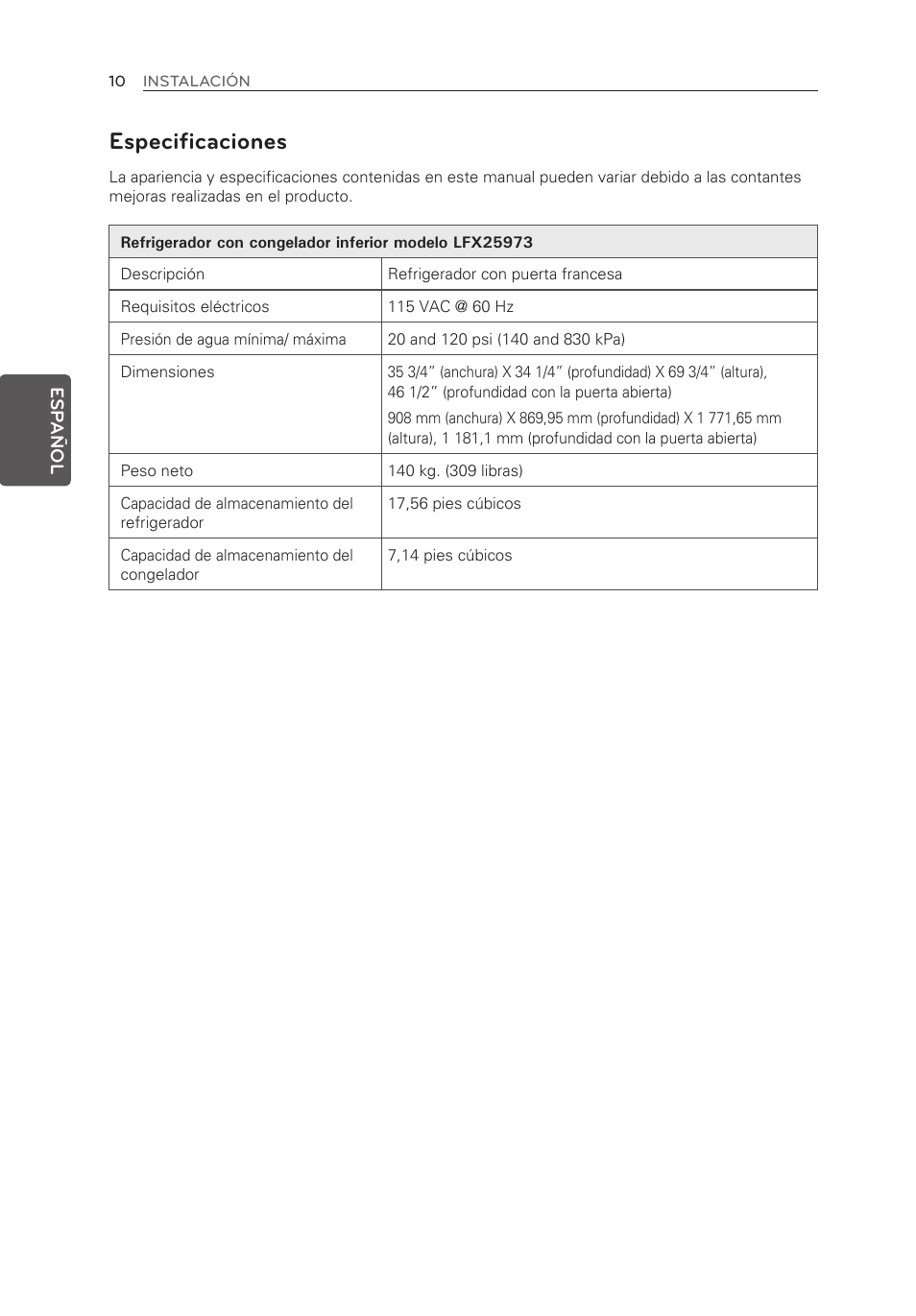 Especificaciones | LG LFX25973ST User Manual | Page 122 / 172