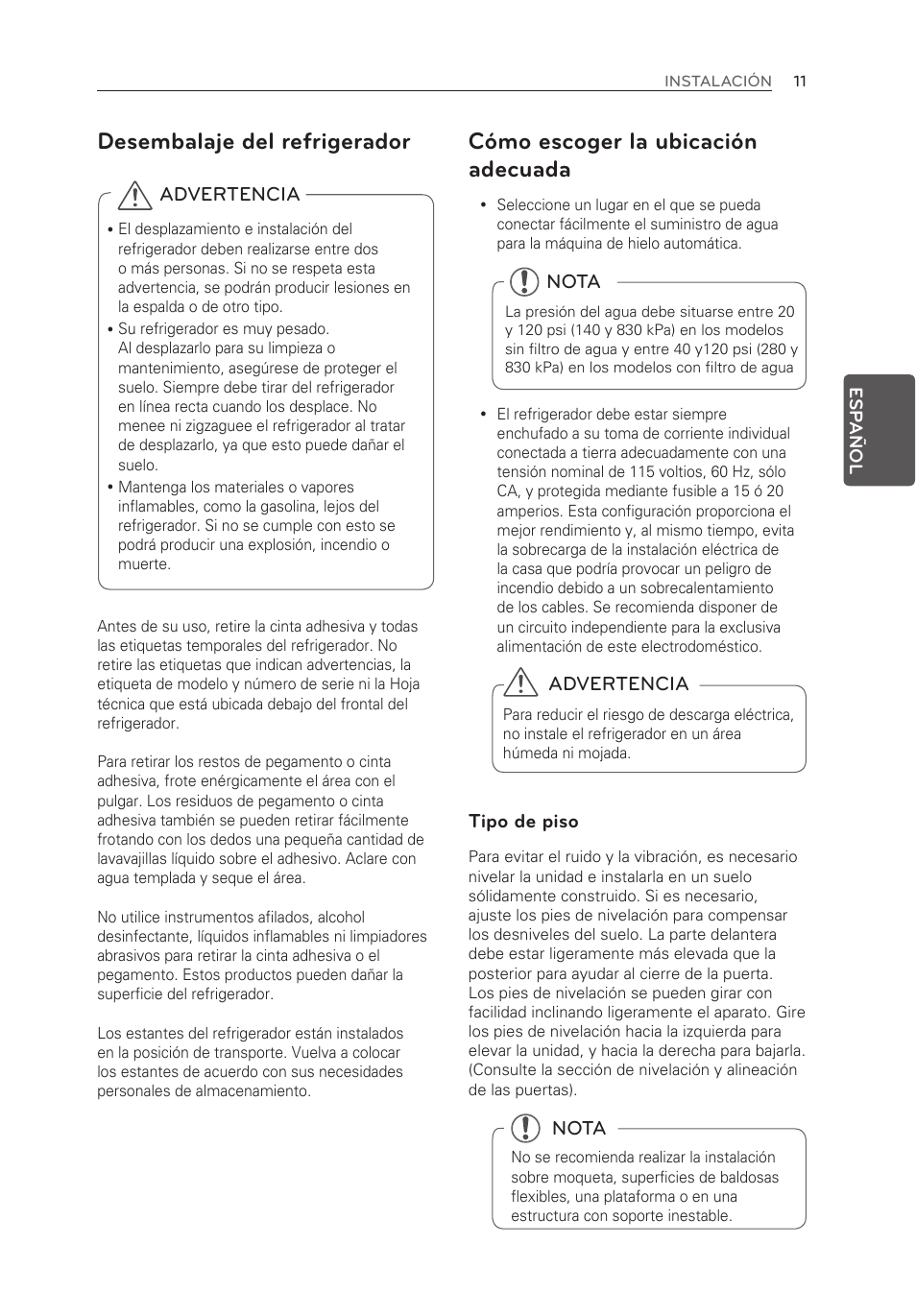 Cómo escoger la ubicación adecuada, Desembalaje del refrigerador, Advertencia | Tipo de piso, Nota | LG LFX25973ST User Manual | Page 123 / 172