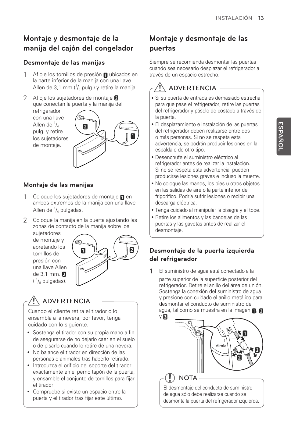 Montaje y desmontaje de las puertas, Desmontaje de las manijas 1, Montaje de las manijas 1 | Advertencia, Nota | LG LFX25973ST User Manual | Page 125 / 172