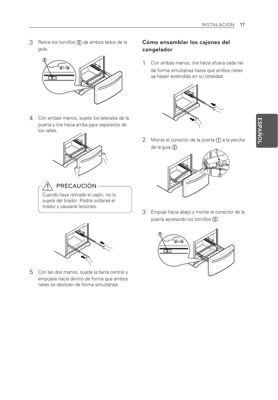 Precaución, Cómo ensamblar los cajones del congelador 1 | LG LFX25973ST User Manual | Page 129 / 172