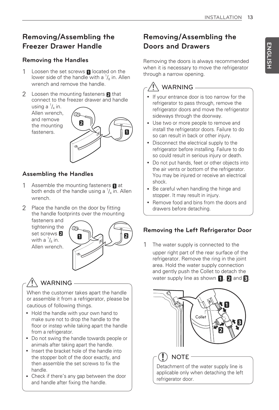 Removing/assembling the freezer drawer handle, Removing/assembling the doors and drawers, Removing the handles 1 | Assembling the handles 1, Removing the left refrigerator door 1, Warning | LG LFX25973ST User Manual | Page 13 / 172